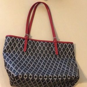 Lancaster tote bag gray black and off white Lancaster logo w red accents